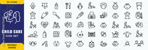 Set of line icons related to child care, international children day, kid rights, parenthood. Outline icon collection. Editable stroke. Vector illustration