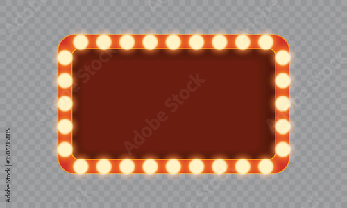 Marquee light frame with bulb glowing. Realistic retro banner 3d, red casino or circus sign, red neon cinema box, empty frame with gold lights and shadow. Vector illustration.