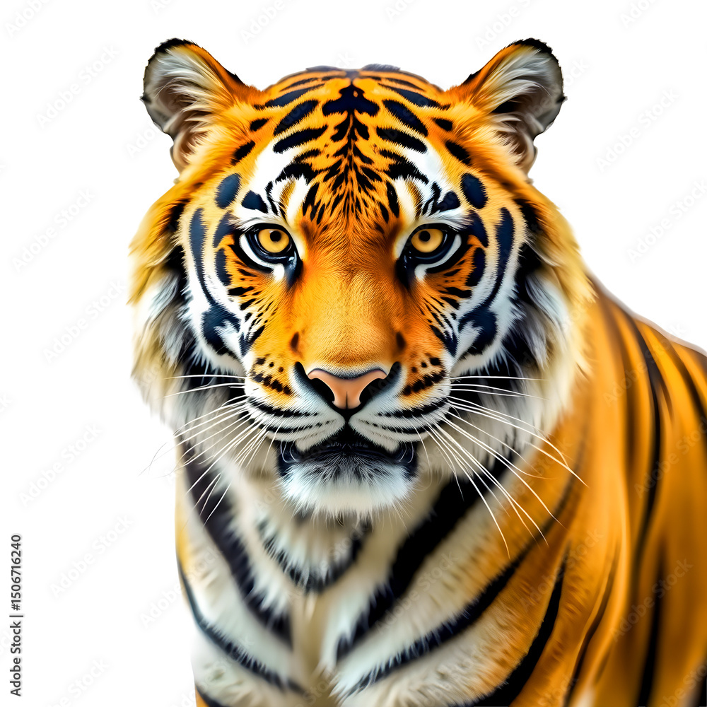 Fototapeta premium tiger head portrait on a white background featuring its striking blue eyes and black stripes, a majestic wild feline predator