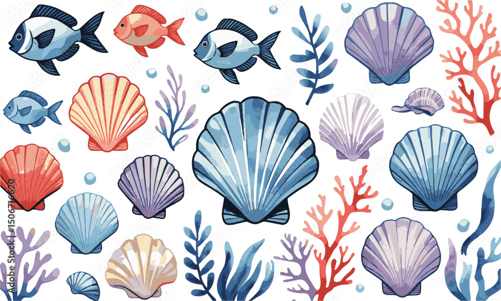 Modern vector-style illustration set featuring a variety of ocean-themed elements, easily editable and scalable. Modern vector-style illustration set featuring a variety of ocean-themed elements, easily editable and scalable.
