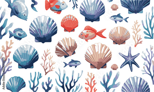 Modern vector-style illustration set featuring a variety of ocean-themed elements, easily editable and scalable.