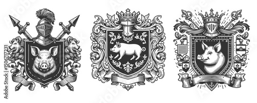 medieval heraldic crests featuring pigs Set collection bundle sketch engraving generative ai vector illustration. Scratch board imitation. Black and white image.