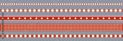Marquee strip set, red led light ribbons on transparent background. Realistic neon light bulb, vector illustration. vintage marquee borders collection.