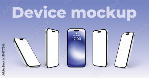 3d smartphone mockup, realistic mobile phone silver white with blank screen and ui. White phone set in different angles, front and side view, vector illustration.
