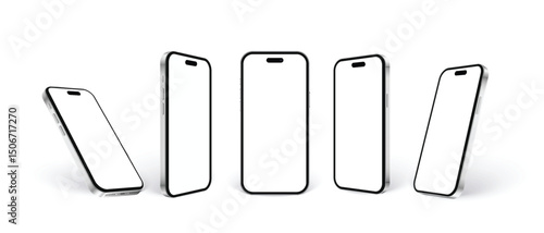 Realistic phone mockup isolated on white. 3D smartphone set in different angles, front and side view, silver mobile phone with shadow, realistic vector illustration 3d device mockup.