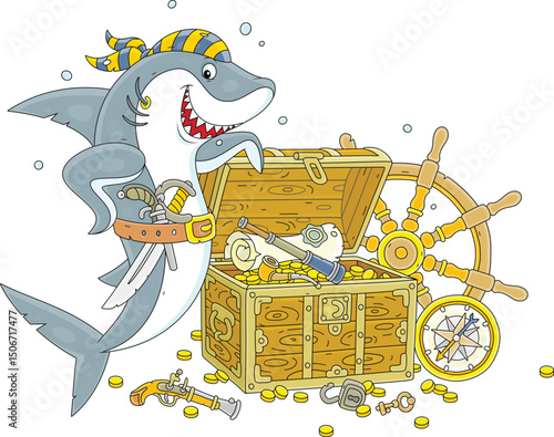 Funny great white shark pirate with a bandana of a sea robber, a sharp saber and a pistol guarding an old wooden treasure chest full of gold coins and jewels from a sunken sailing ship, vector cartoon