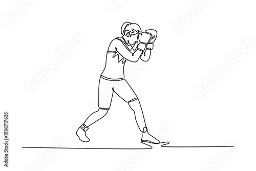 Continuous one line drawing beauty woman boxer covering face for defending her self during fight on boxing ring. Female fighter practicing at gym. Single line draw design vector graphic illustration