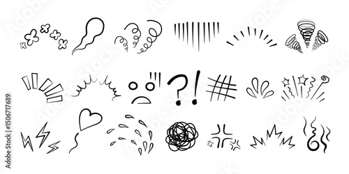 Anime manga comic emoticon element graphic effects hand drawn doodle vector illustration set isolated on white background. Cartoon style manga doodle line expression scribble anime mark collection.