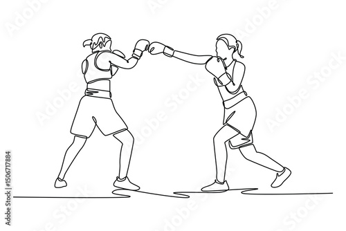 Single continuous line drawing female boxer use various punch combinations including jab and uppercut. Boxing champions win the round in boxing ring. One line draw graphic design vector illustration