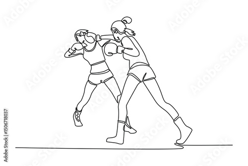 Single continuous line drawing female athlete striking at her opponent with the jab punch during boxing fight. Two boxers having match in boxing ring. One line draw graphic design vector illustration