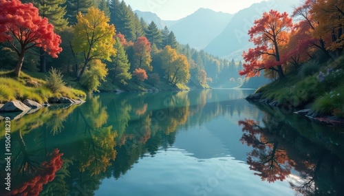 Intricate floral pattern reflected on calm lake surface, soft, peaceful