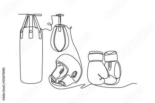 Single one line drawing boxing gear including protective head guard, gloves, speed bag, and punching bag. Sports equipment at gym, boxing club. Continuous line draw design graphic vector illustration