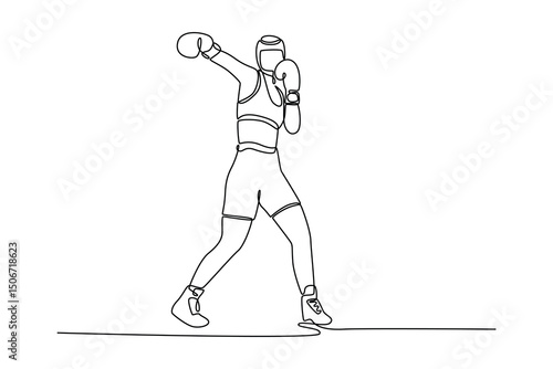 Continuous one line drawing woman boxer wearing protective head guard practicing jab punch before match, hard training with intensity at indoor gym. Single line draw design vector graphic illustration