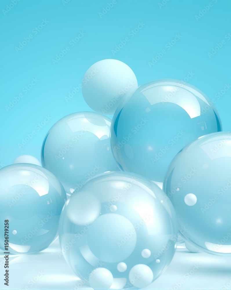 A collection of large and small glassy spheres on a vibrant cyan background, displaying smooth surfaces, depth, and modern minimal elegance in design A collection of large and small glassy spheres on a vibrant cyan background, displaying smooth surfaces, depth, and modern minimal elegance in design