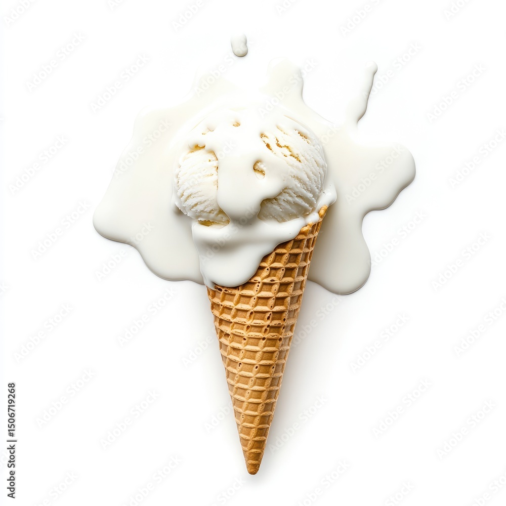 Naklejka premium Melted vanilla ice cream scoop in a waffle cone, spilling onto a white background. Creamy texture, partially melted, top-down view