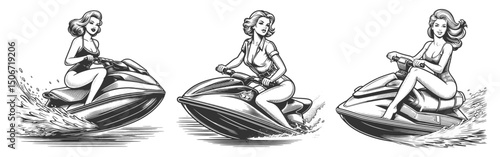 pin-up women riding jet skis across water Set collection bundle sketch engraving generative ai vector illustration. Scratch board imitation. Black and white image.