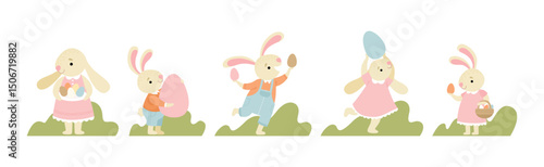 Funny Bunny Character with Egg in Garden Vector Set