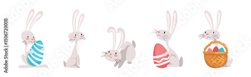 Funny Bunny Character with Egg in Garden Vector Set