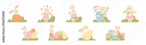 Funny Bunny Character with Egg in Garden Vector Set