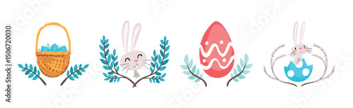 Funny Bunny Character with Egg in Garden Vector Set