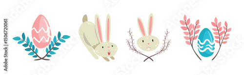 Funny Bunny Character with Egg in Garden Vector Set