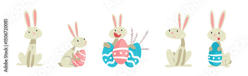 Funny Bunny Character with Egg in Garden Vector Set