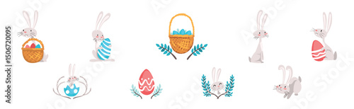 Funny Bunny Character with Egg in Garden Vector Set