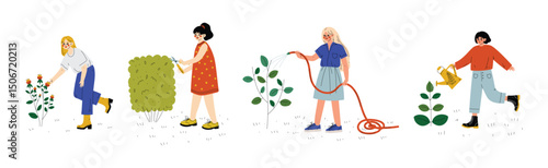 Woman Character Garden Worker Engaged in Farming Vector Set