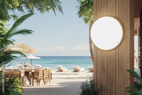 Tropical beach restaurant entrance with blank circular sign, showcasing outdoor dining area and ocean view