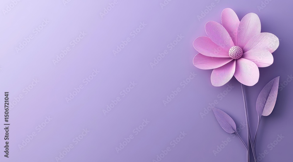Fototapeta premium A single, stylized pale pink paper flower with two leaves sits on a solid lavender background, leaving ample copy space to the left
