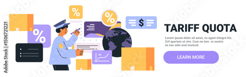 Customs officer trade tariffs concept featuring a uniformed officer surrounded by shipping boxes globe percentage symbols and financial icons. Website banner