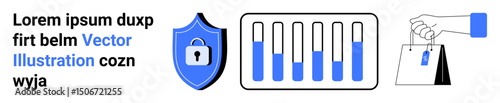 Lock on shield for online security, bar graph analytics, hand placing price tag on shopping bag. Ideal for data protection, business monitoring, e-commerce, cybersecurity, branding, retail simple