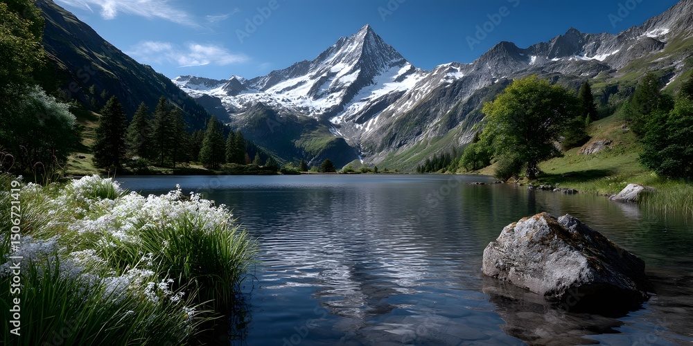 Obraz premium Majestic Mountain Peak Reflected in Calm Lake with White Wildflo