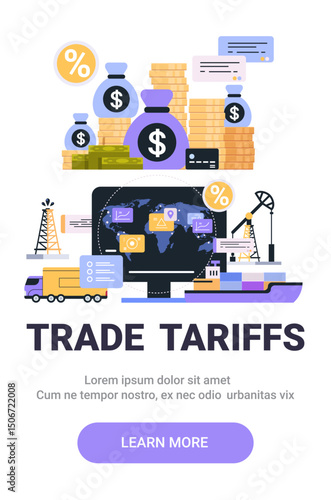 Trade tariffs concept with money bags coins and transportation symbols depicting global commerce economy and financial themes colorful design