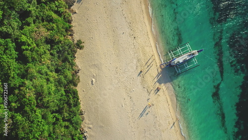 Tableau sur toile Aerial drone view of a tropical beach with turquoise water and white sand meetin
