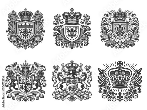 heraldic crests and royal crown symbols Set collection bundle sketch engraving generative ai vector illustration. Scratch board imitation. Black and white image.