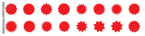 Set of Zig zag wavy edge red starburst circle shapes icon. Red color classic abstract elements with jagged edges. Vector illustration of silhouette blank for sicker, label, tag, badge, stamp, etc. 