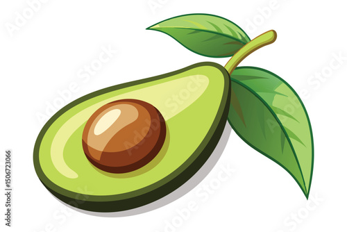 Avocado half with leaves isolated on white background illustration