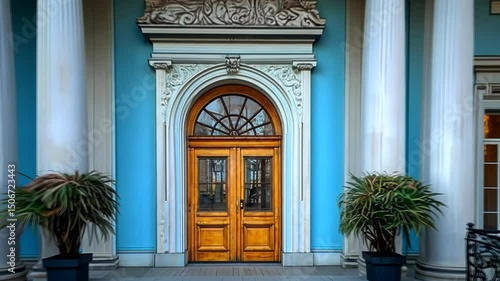 Elegant arched wooden double doors, set within a teal-blue classical building facade, flanked by white columns and potted plants