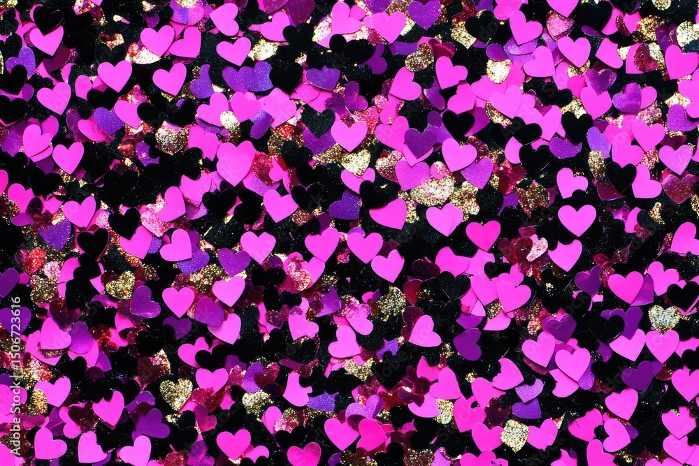 A dense scattering of small, glittery heart confetti in shades of pink, purple, black, and gold A dense scattering of small, glittery heart confetti in shades of pink, purple, black, and gold