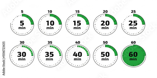 Timers Set to Different Intervals in Minutes | Green Countdown Clock Illustrations for Task Management, Time Tracking and Productivity Visuals