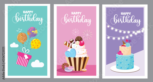 Happy birthday greeting clipart poster set. Birthday greeting text with balloons, cupcake and cake elements clip art collection in colorful background invitation card template vector illustration.
