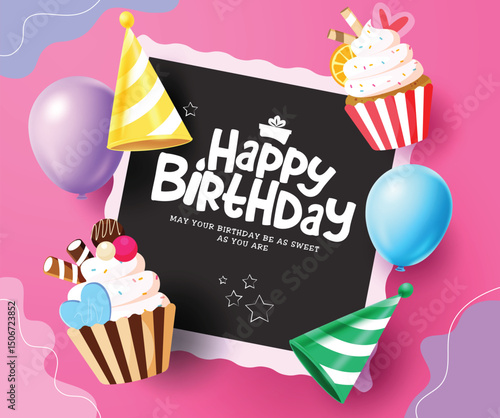 Happy birthday greeting card clipart template. Birthday greeting and wishes text in black frame space clip art with cupcake, party hat and balloons in pink and purple abstract background vector 