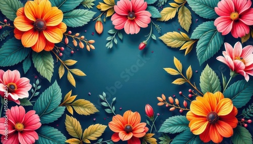 Intricate floral pattern, vibrant blooms & leaves, vintage, petal