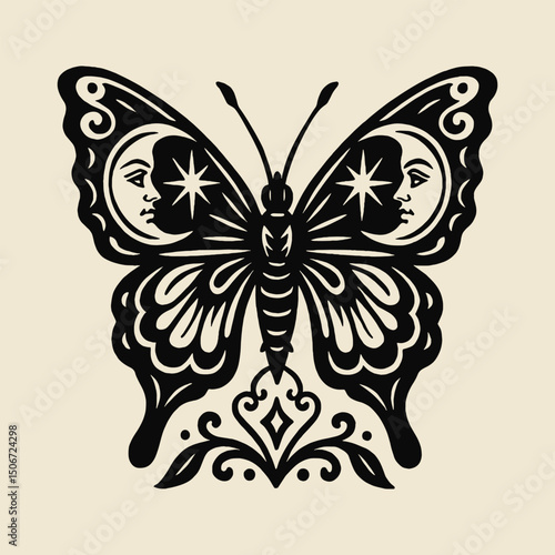 Butterfly with moon faces engraving style vector illustration