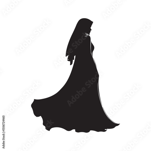Vector illustration of a Muslim woman wearing traditional Islamic clothing, viewed from behind. Modest and elegant design suitable for cultural, religious, and fashion-themed projects