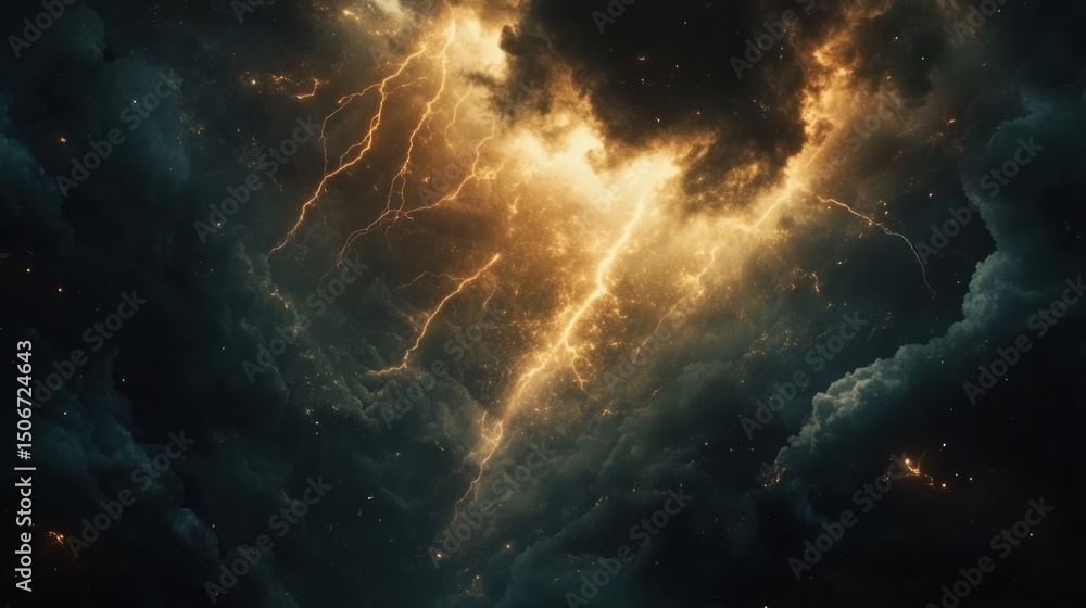 Obraz premium Fiery lightning strikes dark clouds