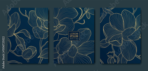 Vector set of Japanese line gold flowers, cherry blossom, sakura and leaves fantasy floral covers. Modern art chinese illustrations