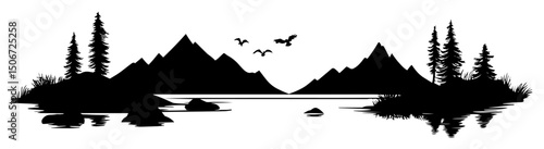 lake and mountain landscape with trees and birds in silhouette style