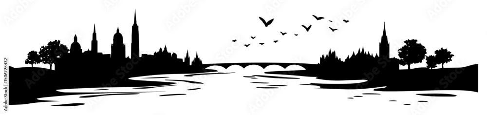 Fototapeta premium city with river and bridge black shape graphic